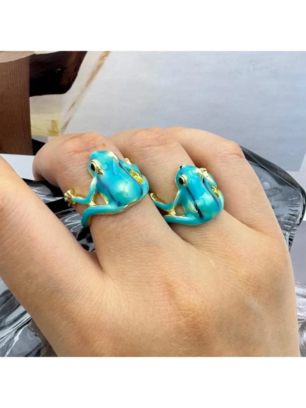 Women Blue Vintage Punk Animal Jewelry Open Shaped Gift Delicate Tree Frog Ring